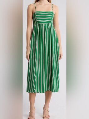 Melrose and Market Green and White Striped Midi Dress